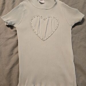 Girls Ribbed Heart Embellished Top - Light Blue And Floral White Shirt